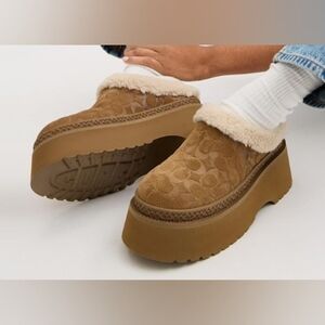 Coach Tan Suede Platform Clog with Shearling Trim